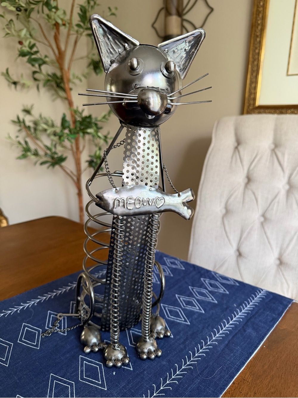 MetallicCat Figurine Decorative Sculpture - holds wine bottles -Meow Fish Accent